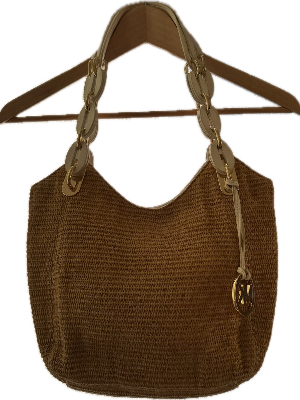 Michael Kors Woven Tan bag with White Patent straps mixed with Gold Hardware